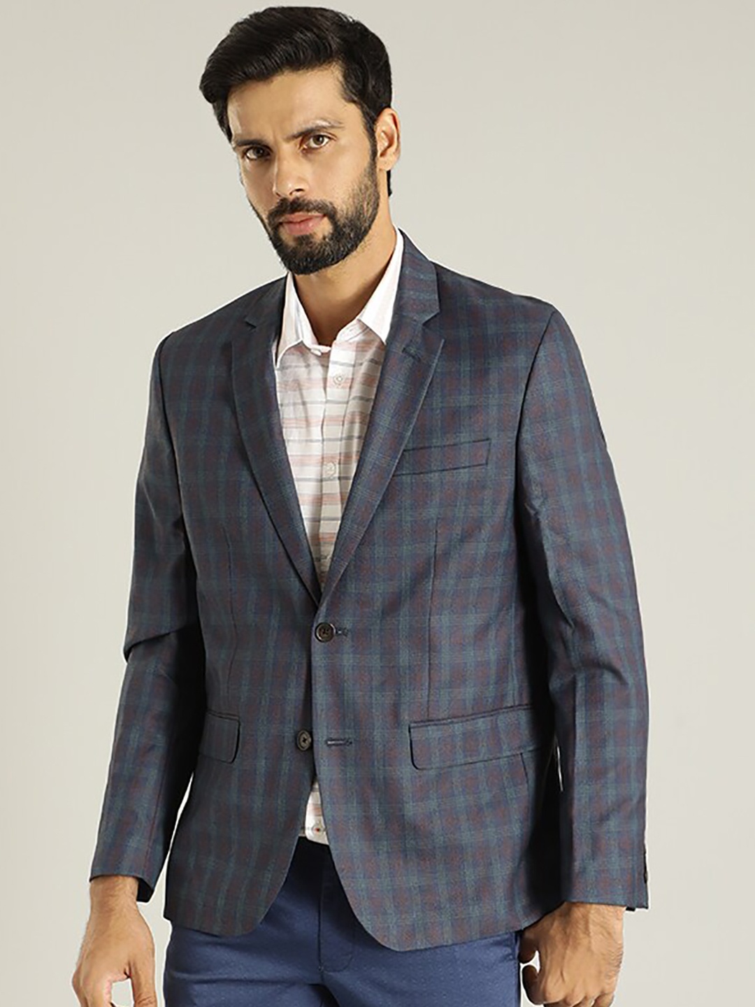 

Indian Terrain Checked Single-Breasted Blazer, Navy blue