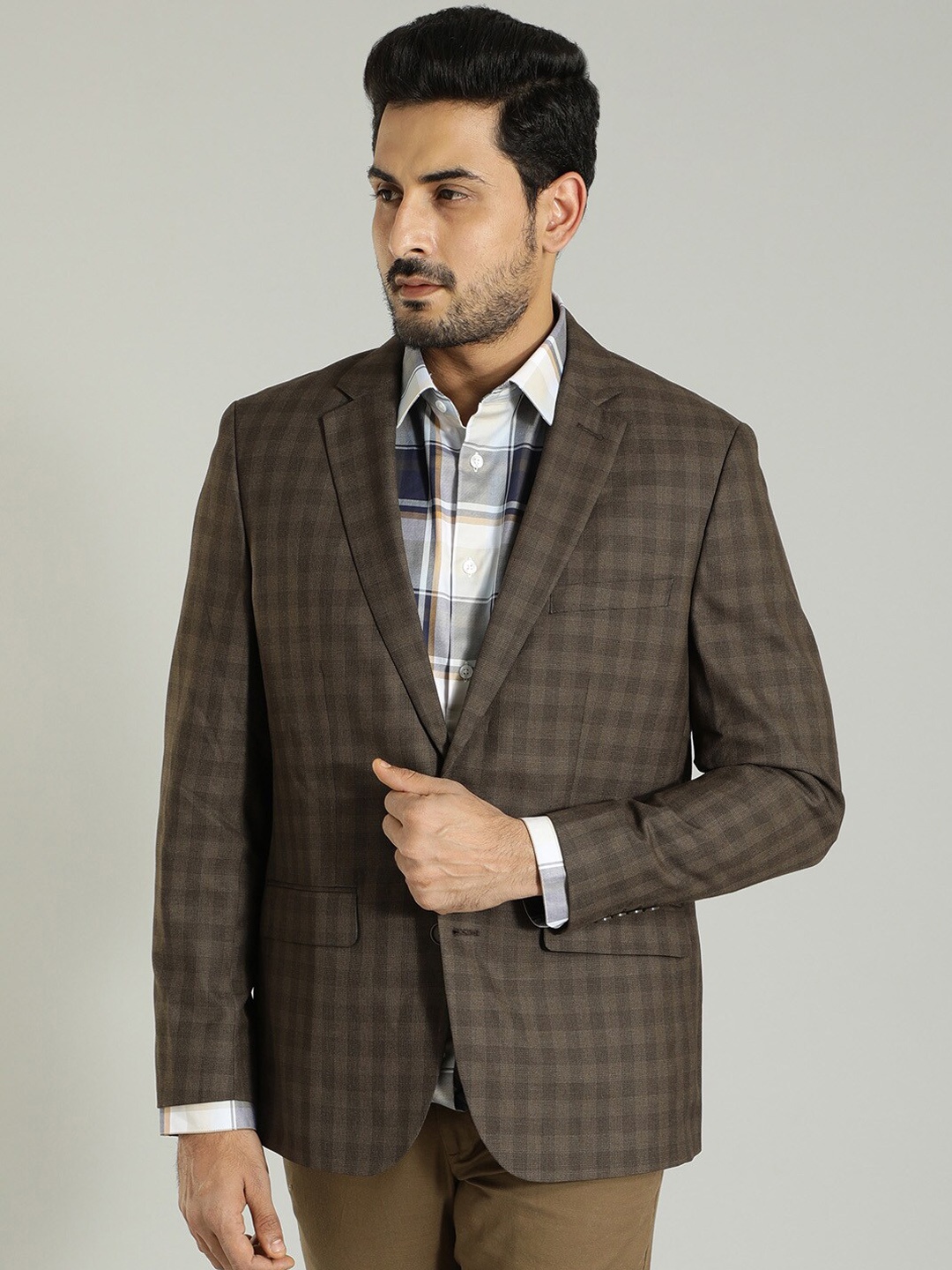 

Indian Terrain Checked Single Breasted Blazer, Brown