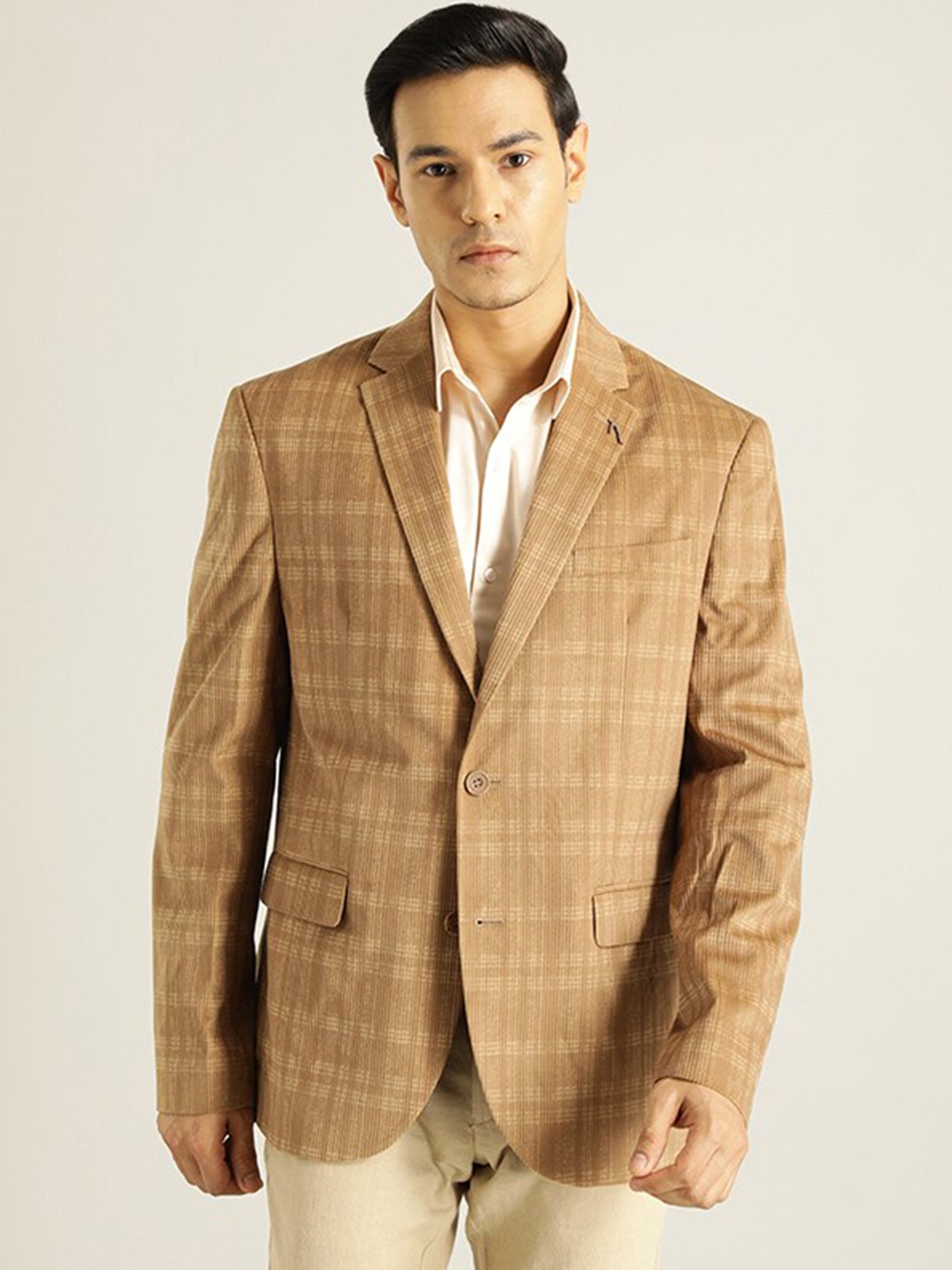 

Indian Terrain Checked Single Breasted Notched Lapel Long Sleeves Formal Blazer, Tan