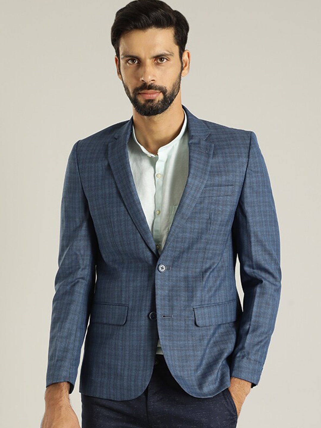 

Indian Terrain Checked Single Breasted Notched Lapel Long Sleeves Formal Blazer, Blue