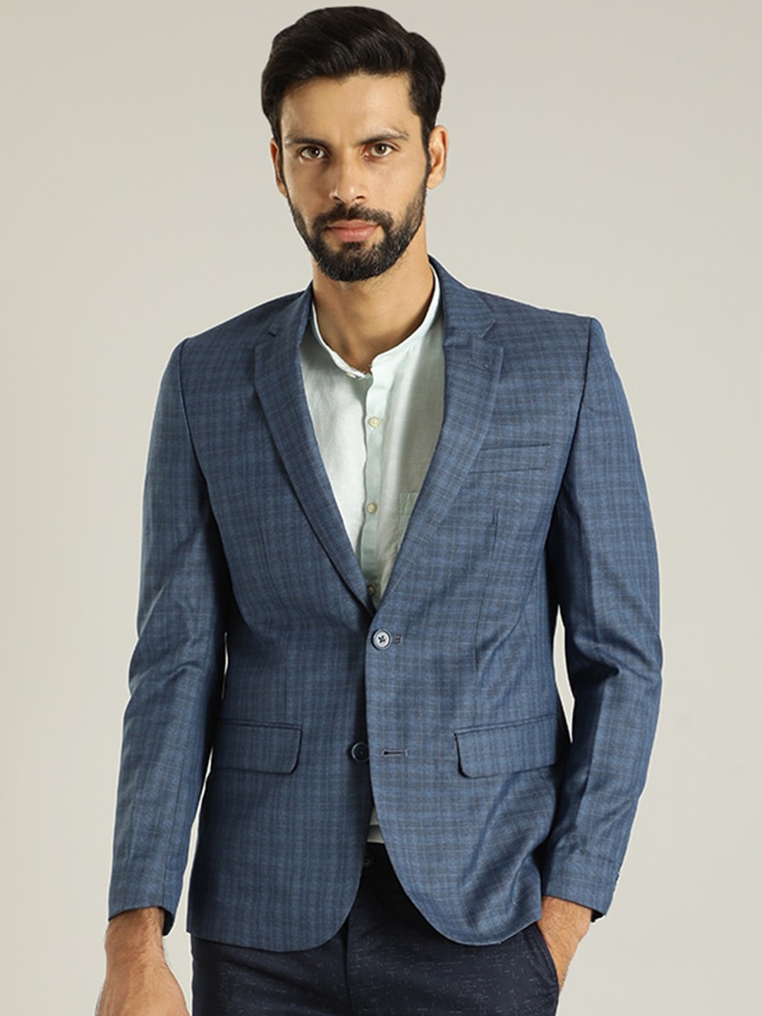 

Indian Terrain Checked Single Breasted Notched Lapel Long Sleeves Formal Blazer, Blue