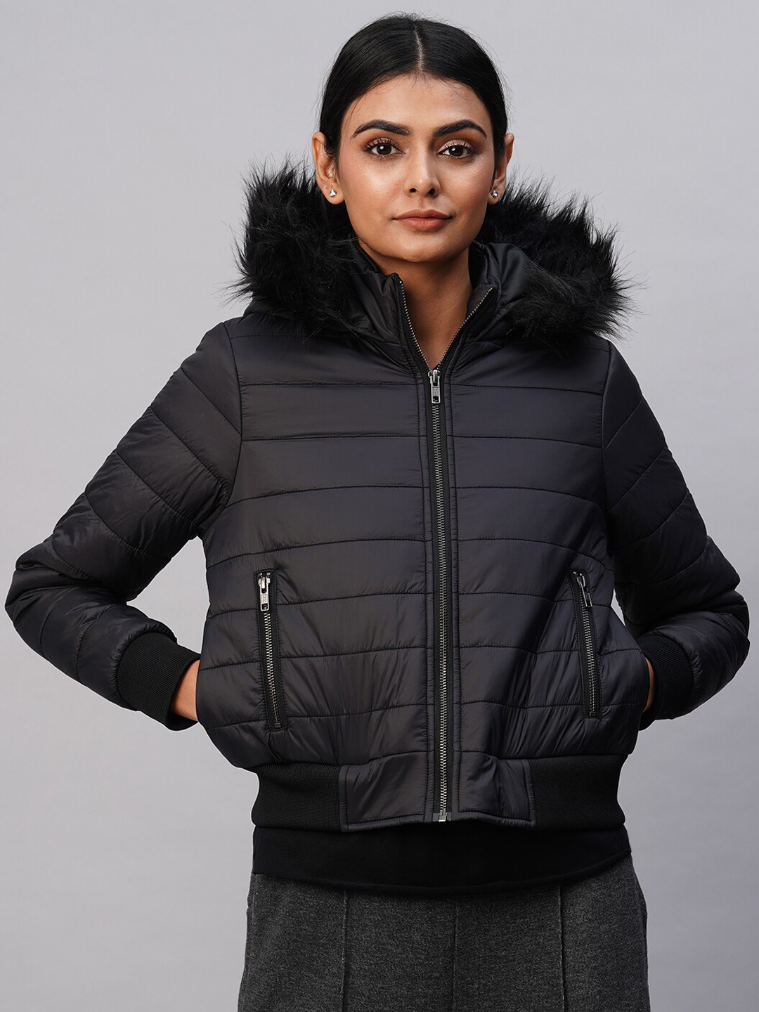 

Chemistry Faux Fur Trim Hooded Bomber Jacket, Black