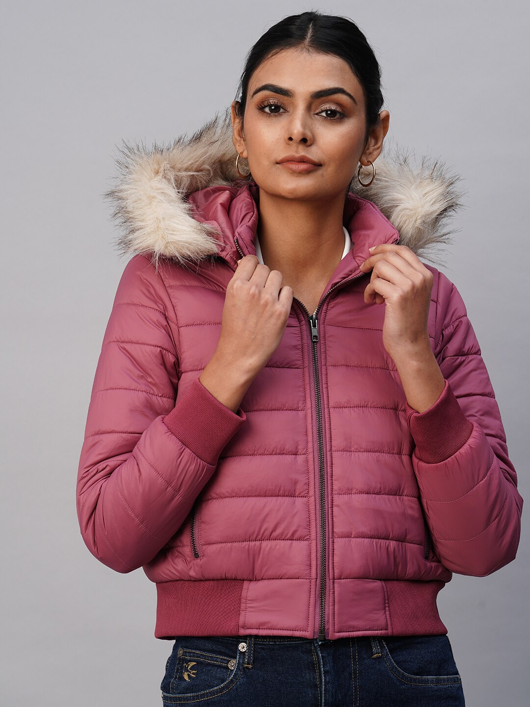 

Chemistry Faux Fur Trim Hooded Bomber Jacket, Pink