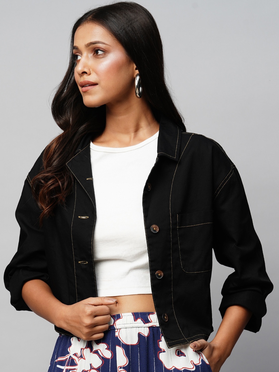 

Chemistry Spread Collar Denim Jacket, Black
