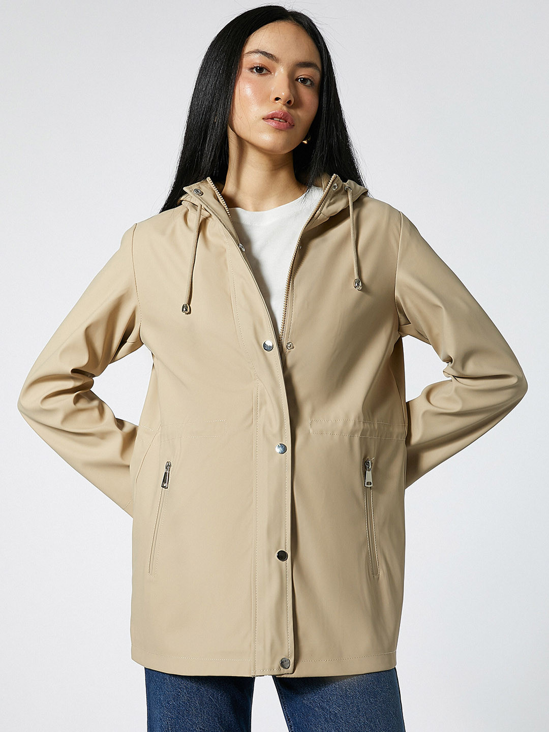 

Koton Hooded Open-Front Jacket, Beige