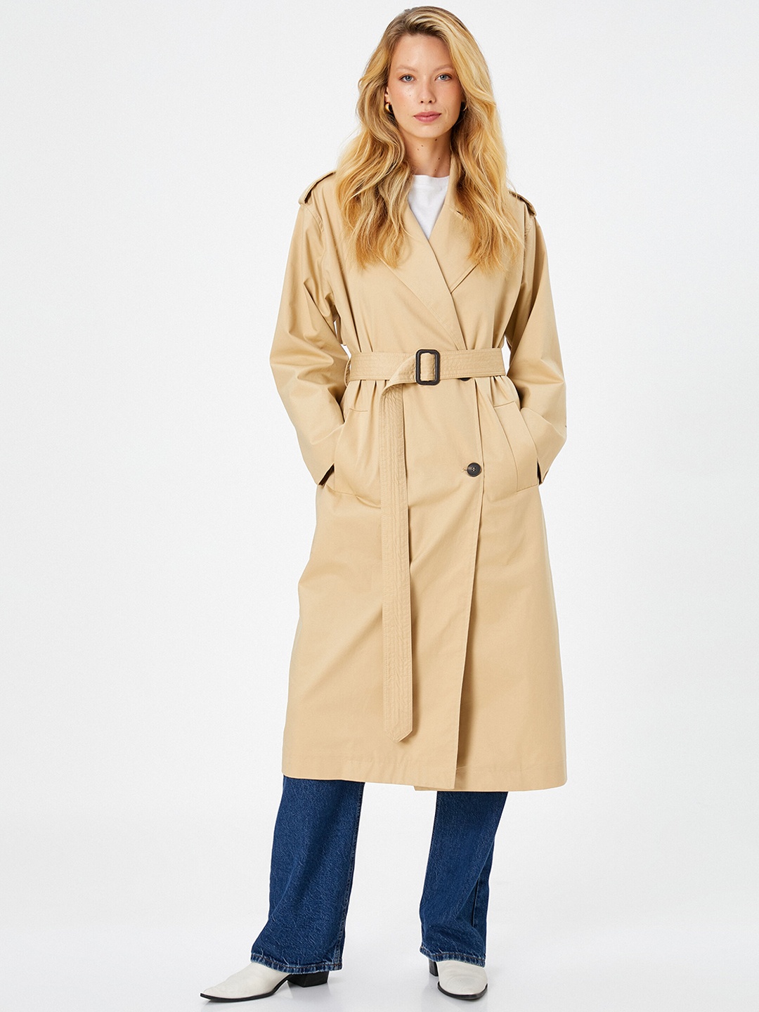 

Koton Single-Breasted Pure Cotton Overcoat, Beige