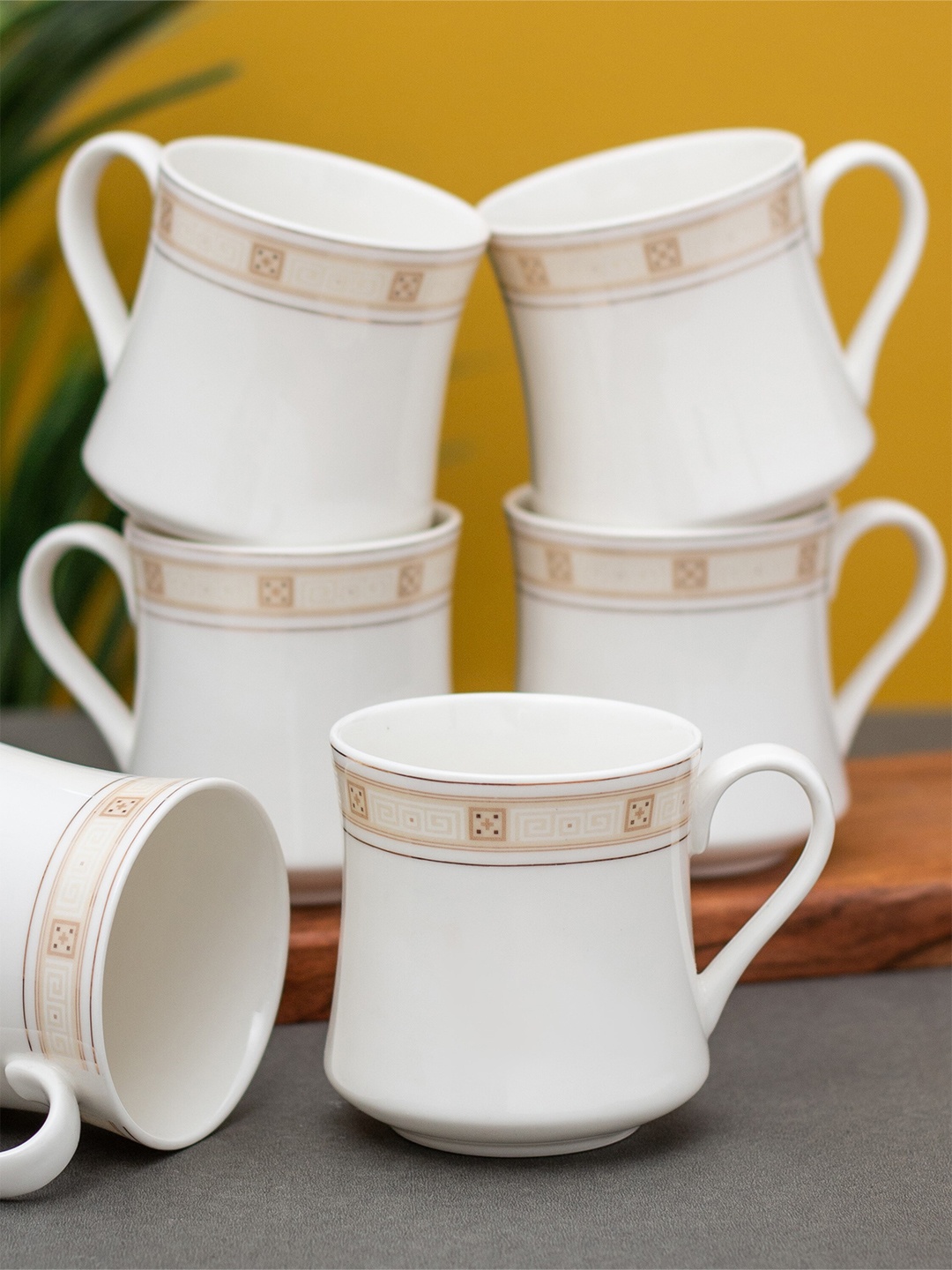 

CLAY CRAFT 6 Pcs White & Beige Printed Ceramic Glossy Cups - 180 ML Each