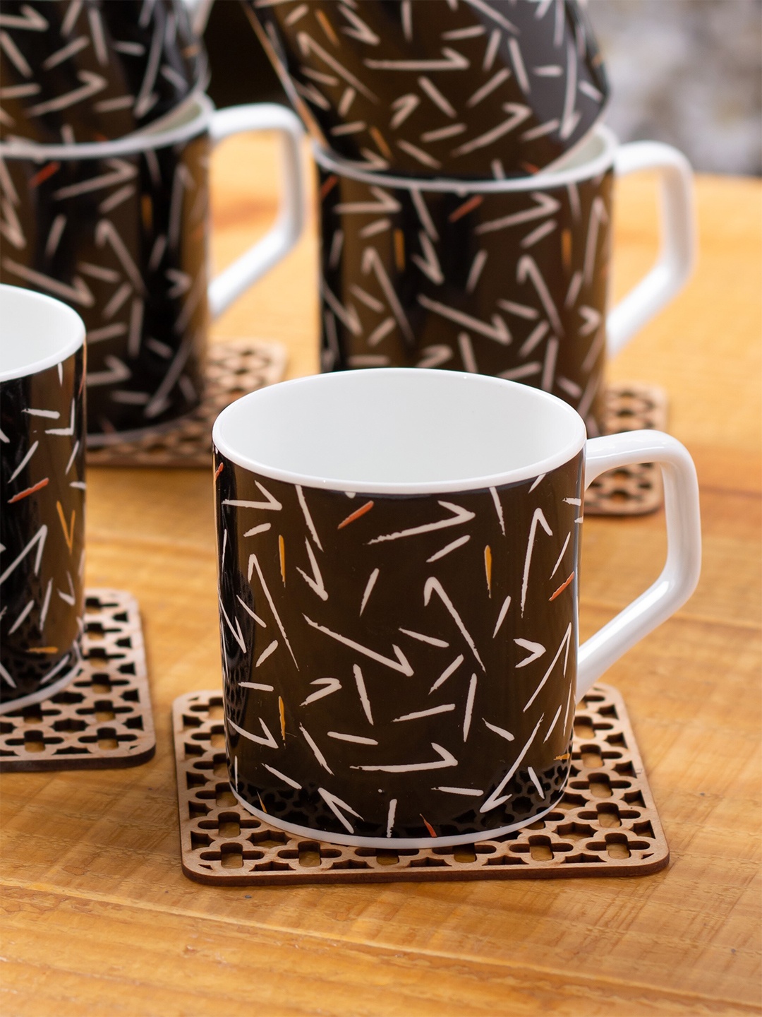 

CLAY CRAFT 6 Pcs Brown & White Handcrafted Printed Ceramic Glossy Cups - 220 ML Each