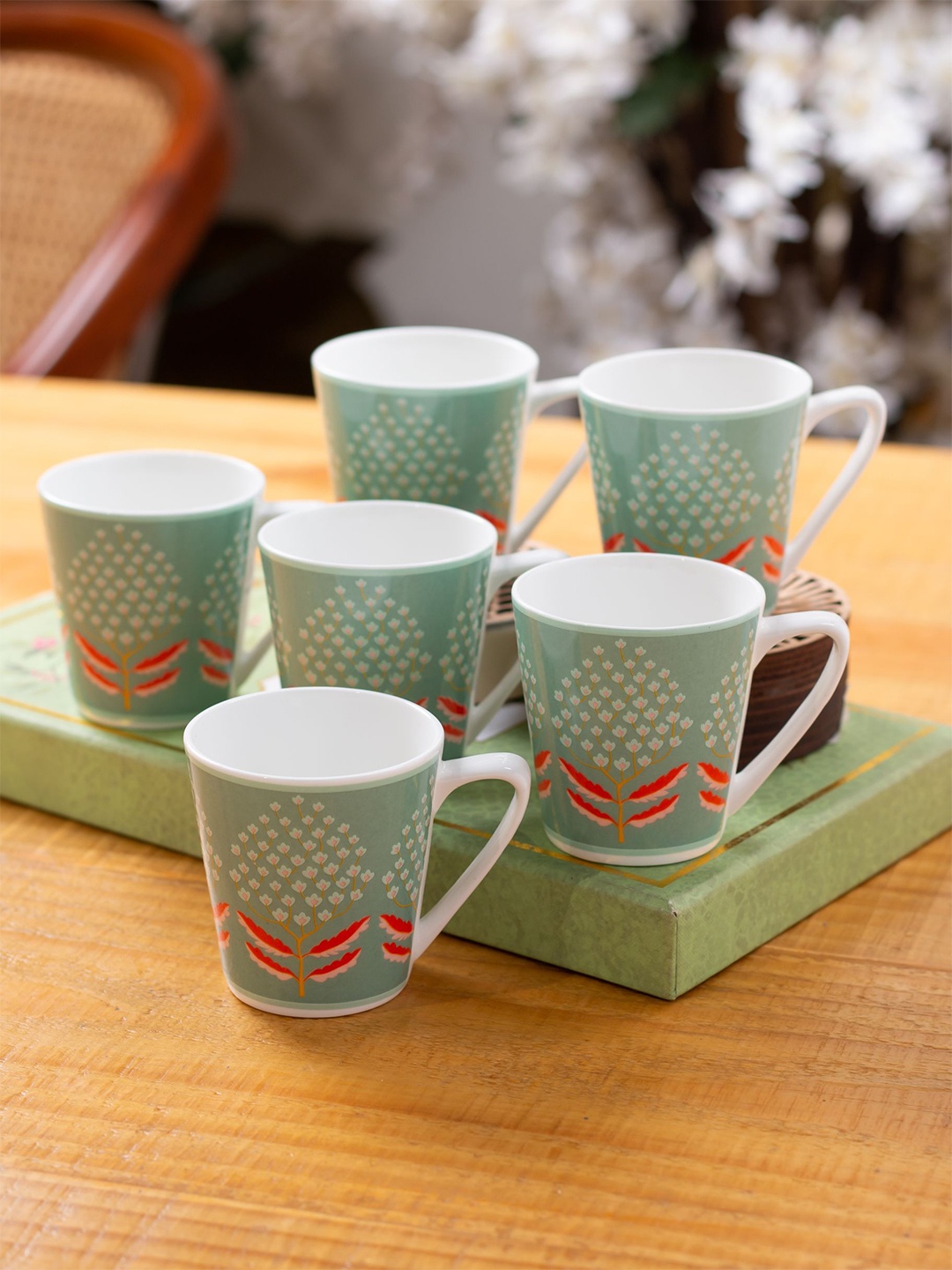 

CLAY CRAFT Green & Red 6 Pieces Printed Ceramic Glossy Cups - 180 ML Each