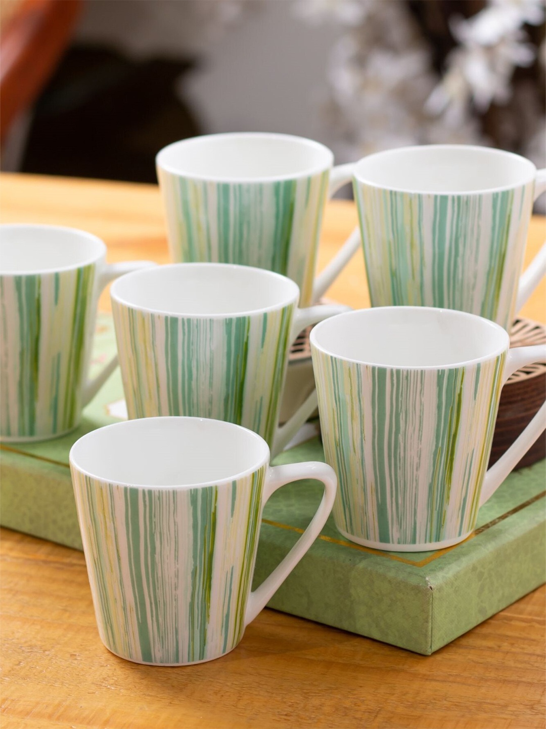 

CLAY CRAFT Green & White 6 Pieces Printed Ceramic Glossy Cups - 180 ML Each