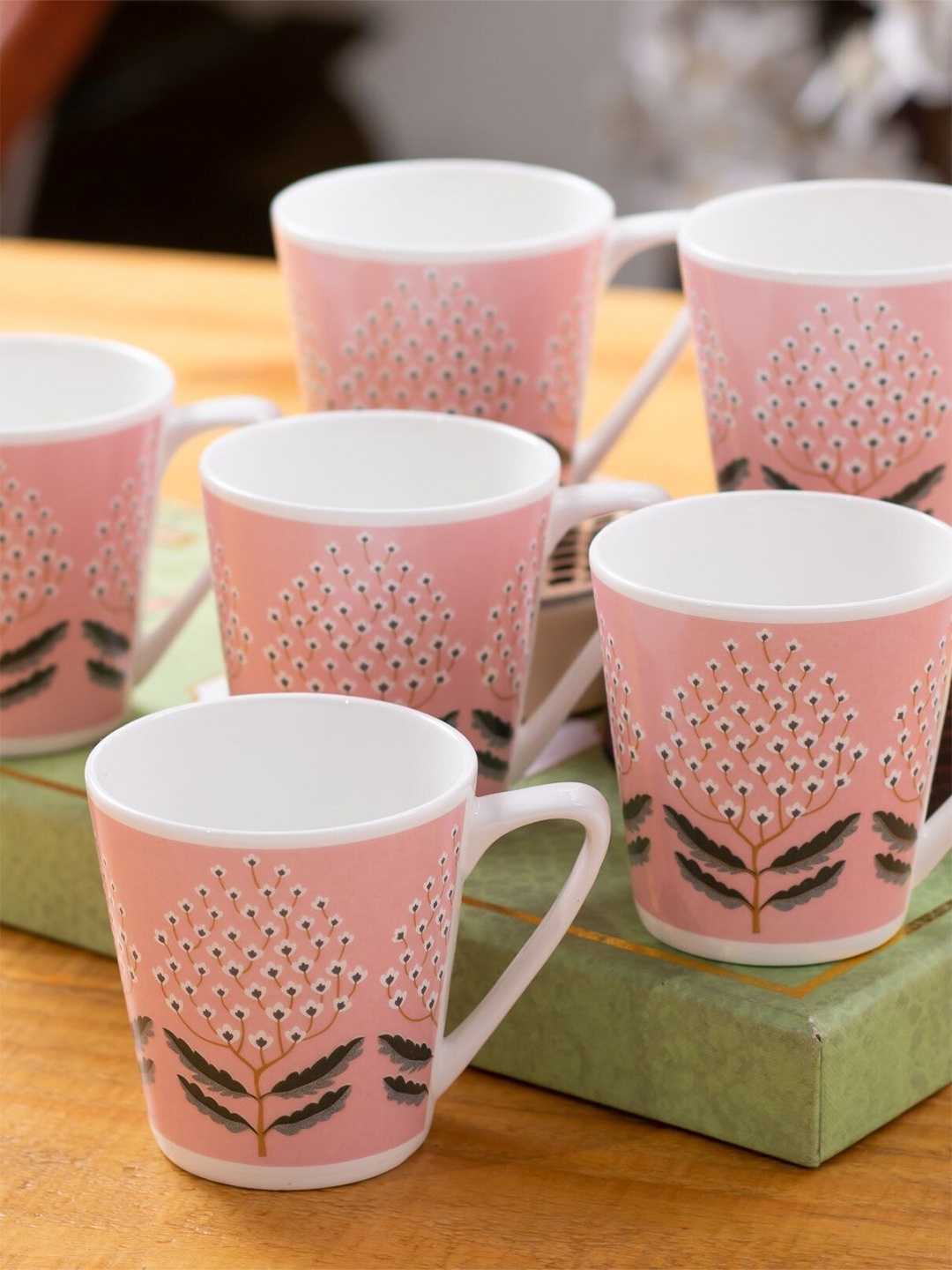 

CLAY CRAFT Pink & White 6 Pieces Printed Ceramic Glossy Cups - 180 ML Each