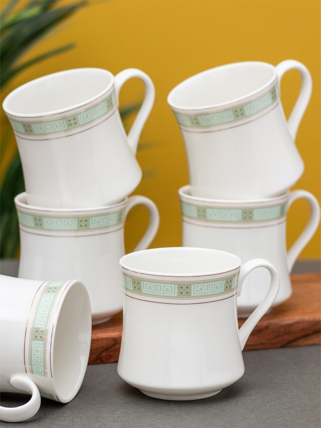 

CLAY CRAFT 6 Pcs White & Green Handcrafted Printed Ceramic Glossy Cups - 180 ML Each