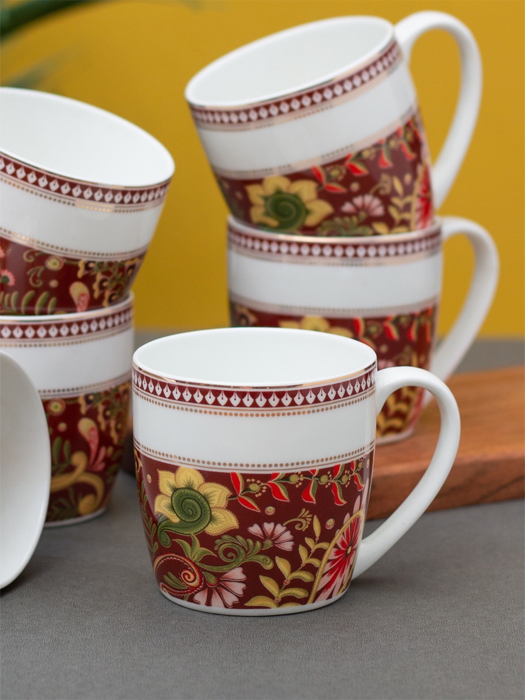 

CLAY CRAFT White & Maroon 6 Pieces Printed Ceramic Glossy Cups - 180 ML Each