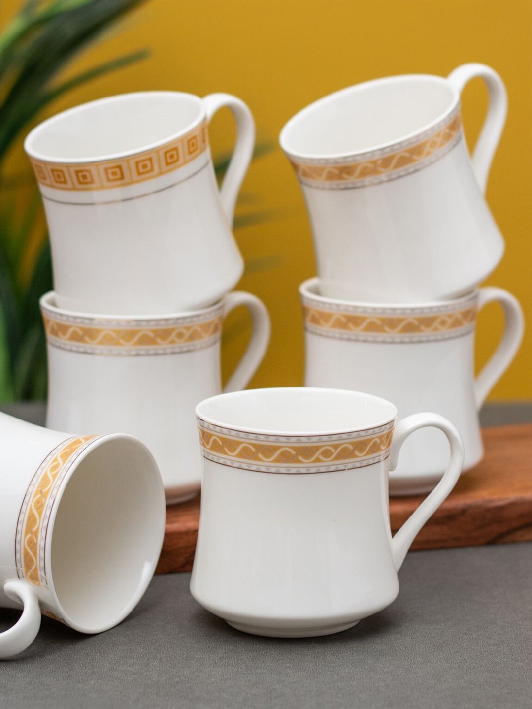 

CLAY CRAFT White & Orange Printed 6 Pieces Printed Ceramic Glossy Cups - 180 ML Each