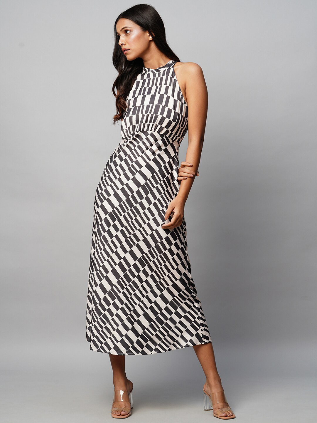 

Chemistry Geometric Printed Choker Neck Sleeveless A-Line Maxi Dress, Cream