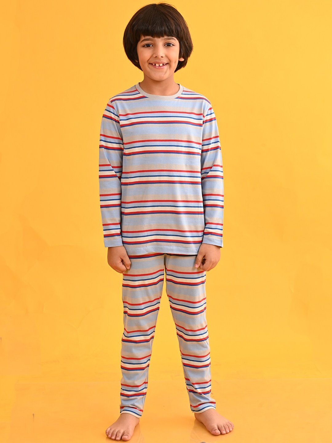 

Anthrilo Boys Striped Round Neck Long Sleeves Cotton T-shirt & Pyjamas, Blue