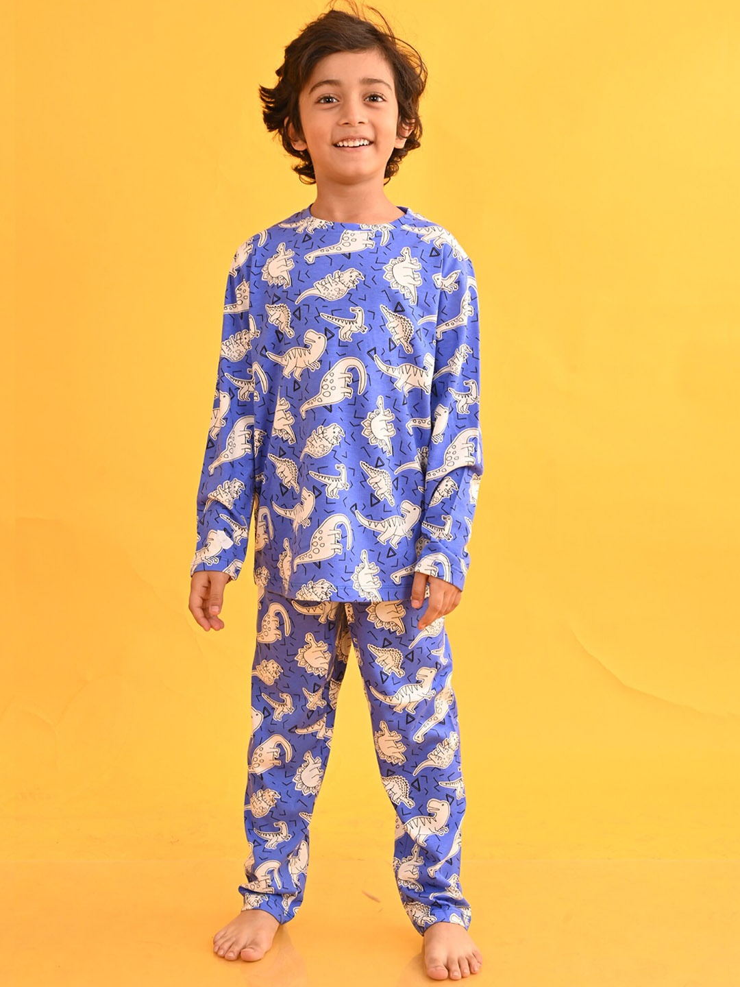 

Anthrilo Boys Dinosaur Printed Round Neck Long Sleeves Cotton T-shirt & Pyjamas, Blue