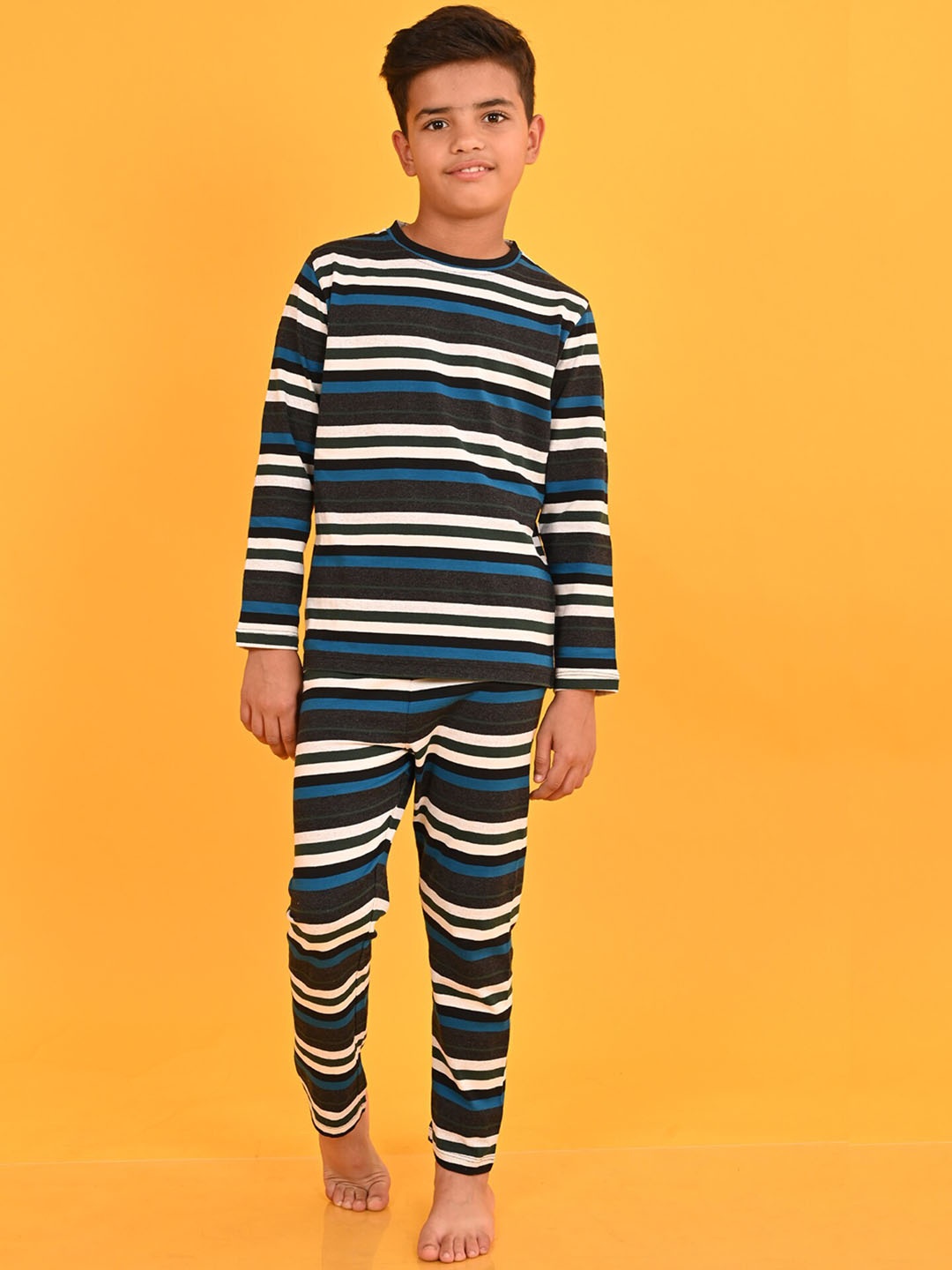 

Anthrilo Boys Striped Round Neck Long Sleeves Cotton T-shirt & Pyjamas, Black