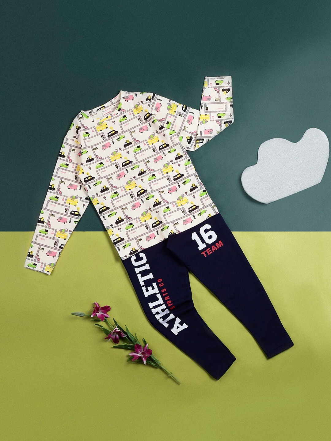 

RAINE AND JAINE Boys Printed Cotton T-shirt with Pyjamas, Off white