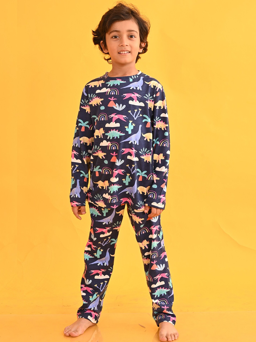 

Anthrilo Boys Dinosaur Rainbow Printed Night Suit, Navy blue