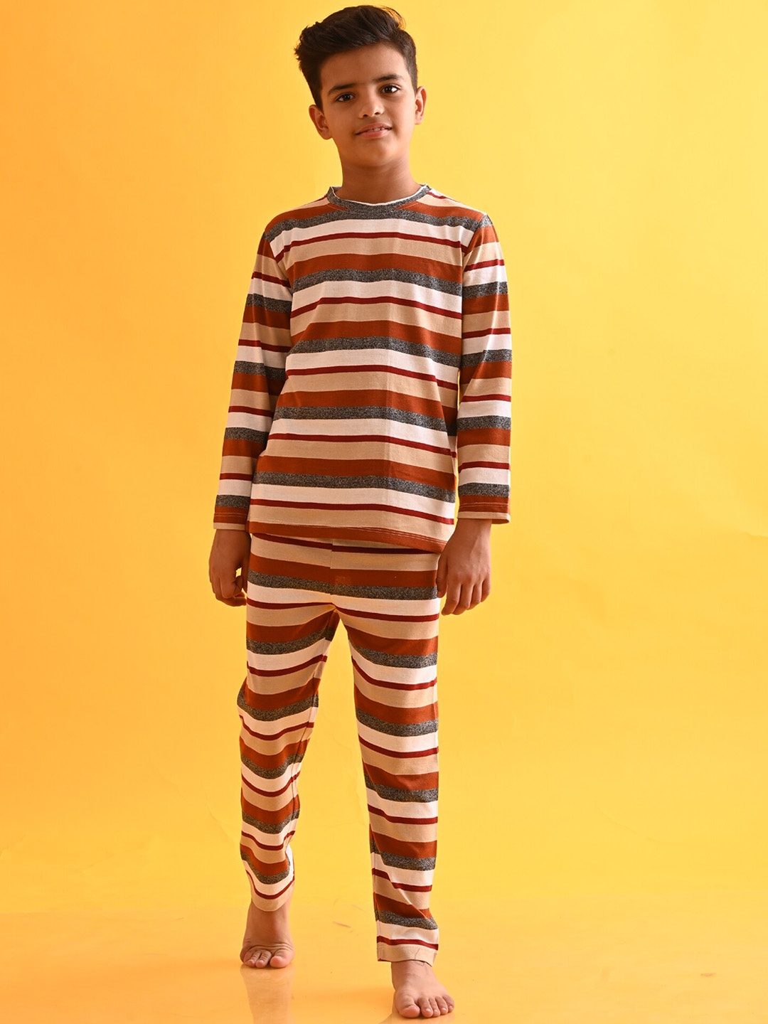 

Anthrilo Boys Horizontal Striped Night Suit, Brown