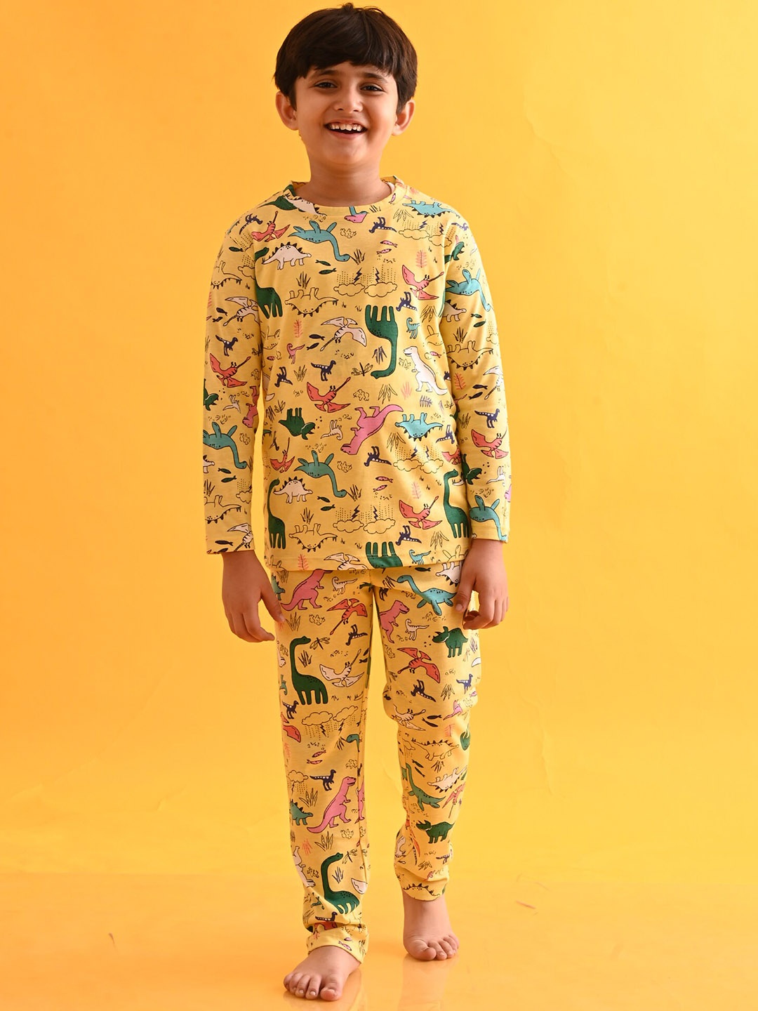 

Anthrilo Boys Raining Dinosaur Printed Night Suit, Yellow