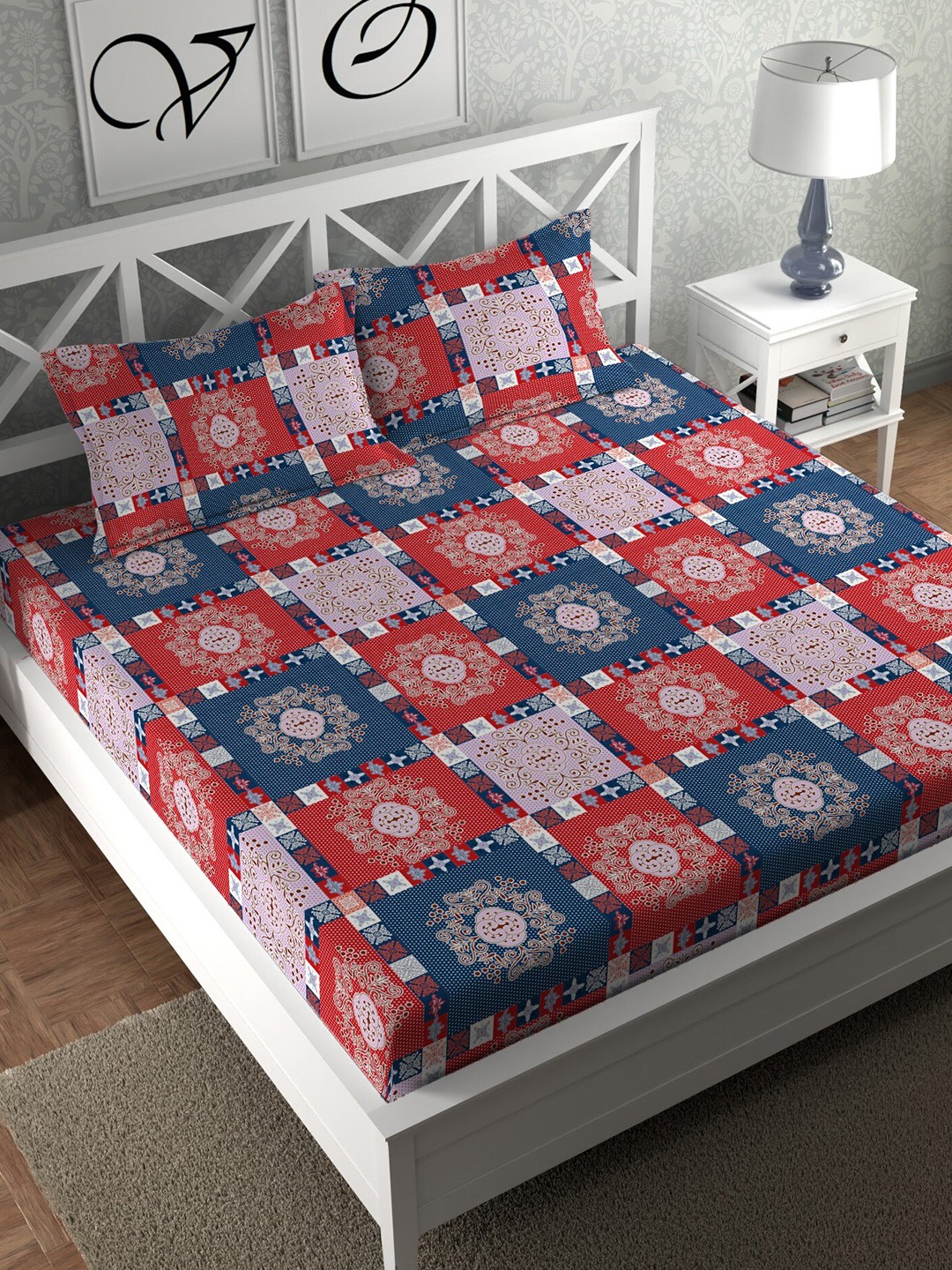 

CHHAVI INDIA Red & Blue Ethnic Motifs 210 TC Queen Bedsheet With 2 Pillow Covers
