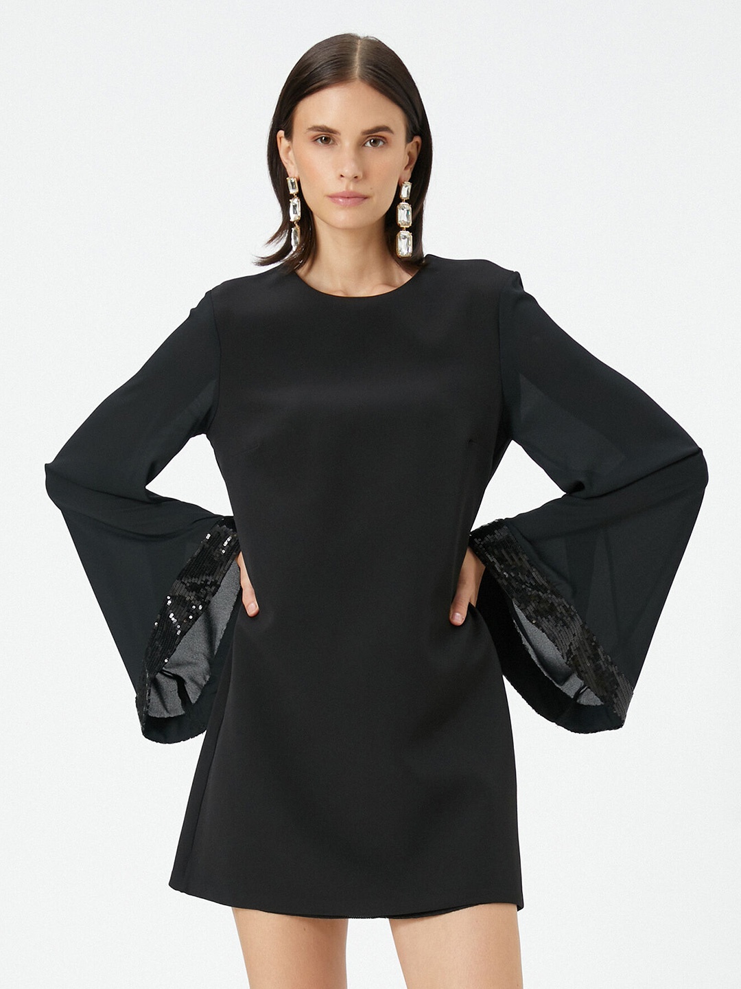

Koton Flared Sleeves Embellished Detail A-Line Mini Dress, Black