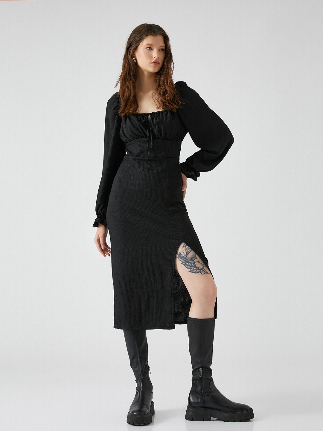 

Koton Square Neck Gathered Sheath Midi Dress, Black