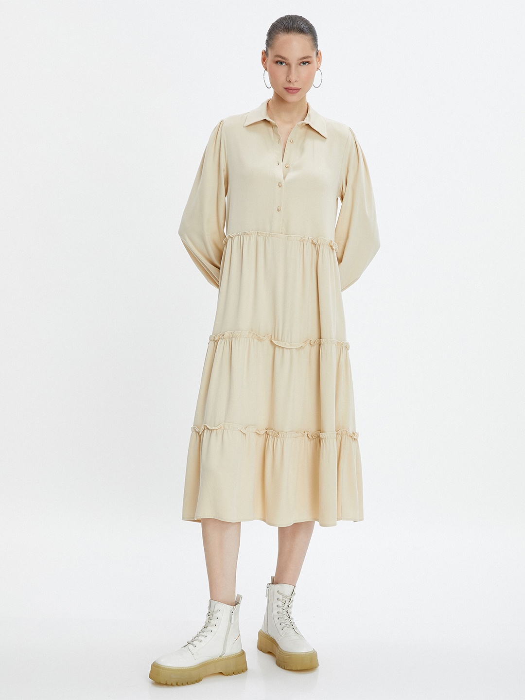 

Koton Shirt Collar Layered A-Line Dress, Off white