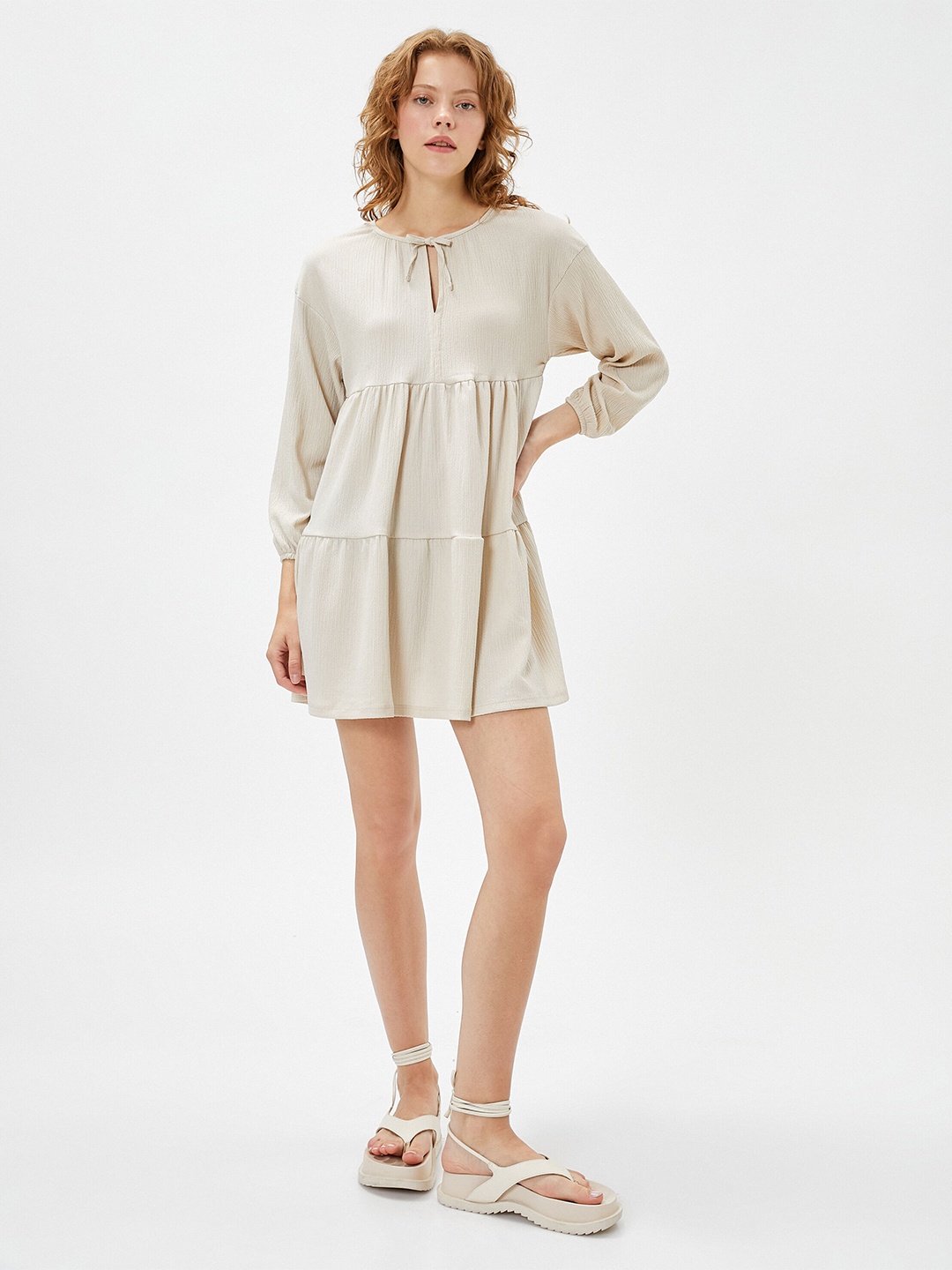 

Koton Tie-Up Neck Tiered A-Line Mini Dress, Beige