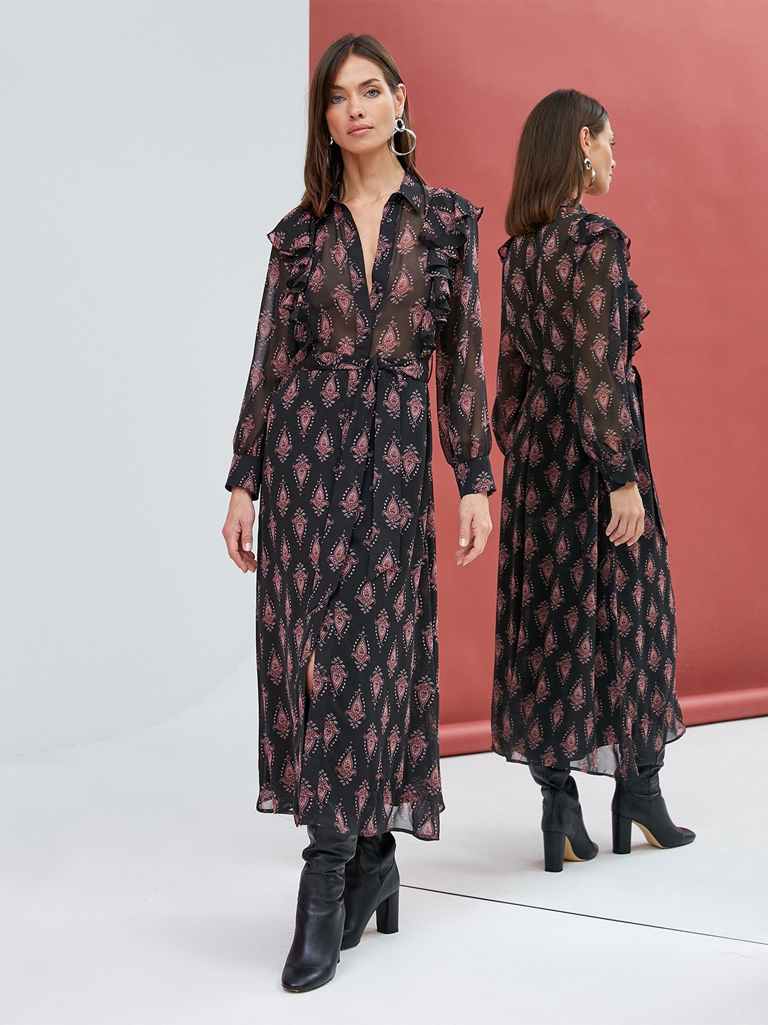 

Koton Ethnic Motifs Printed Shirt Collar Fit & Flare Maxi Dress, Black