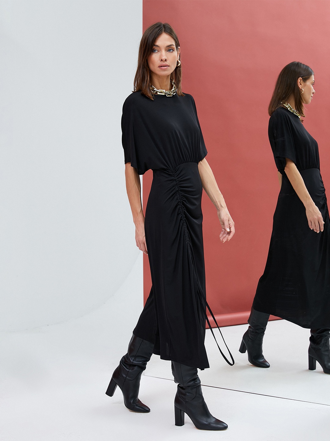 

Koton Extended Sleeves Ruched Sheath Midi Dress, Black