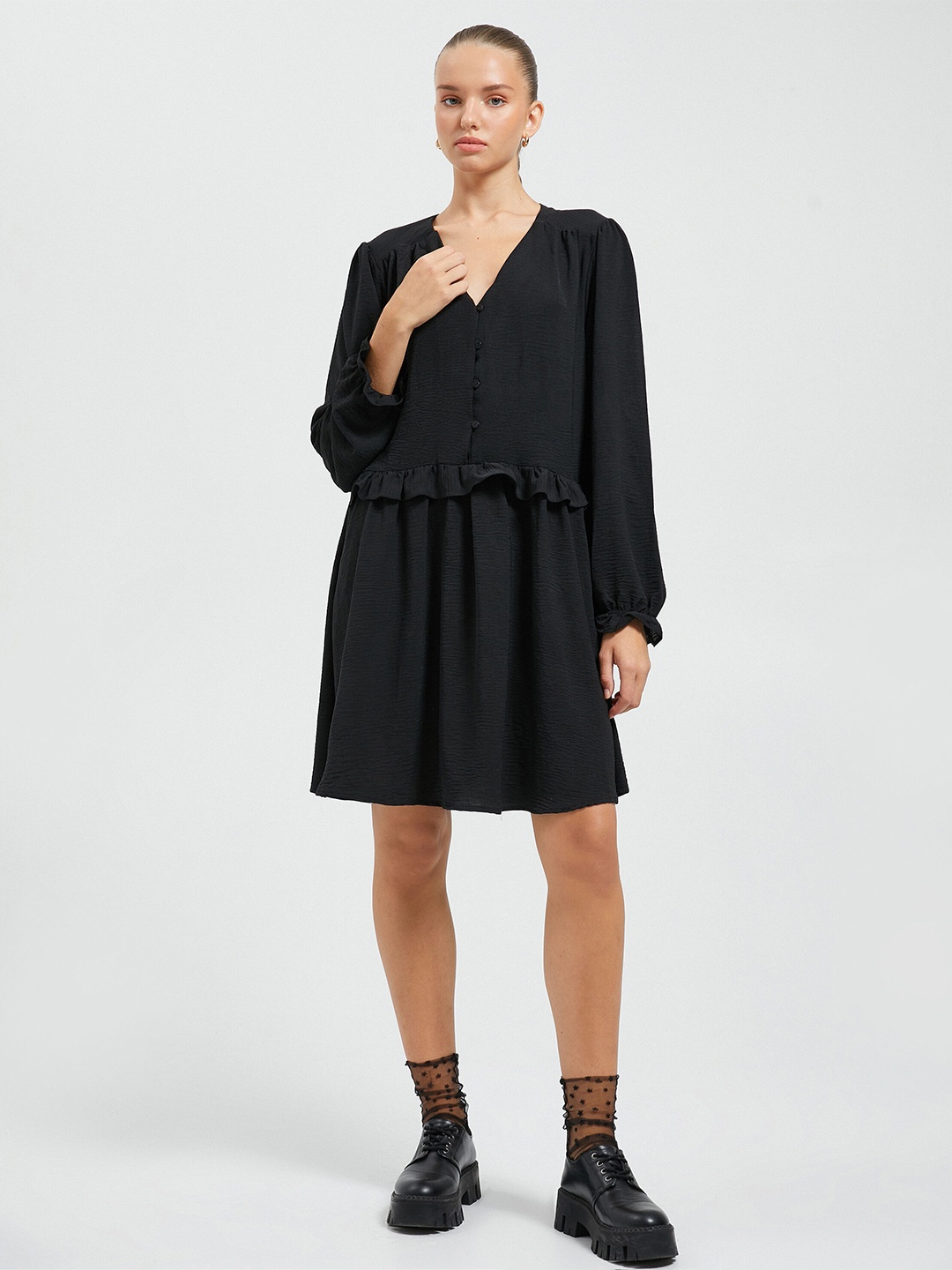 

Koton V-Neck Ruffles Fit & Flare Dress, Black