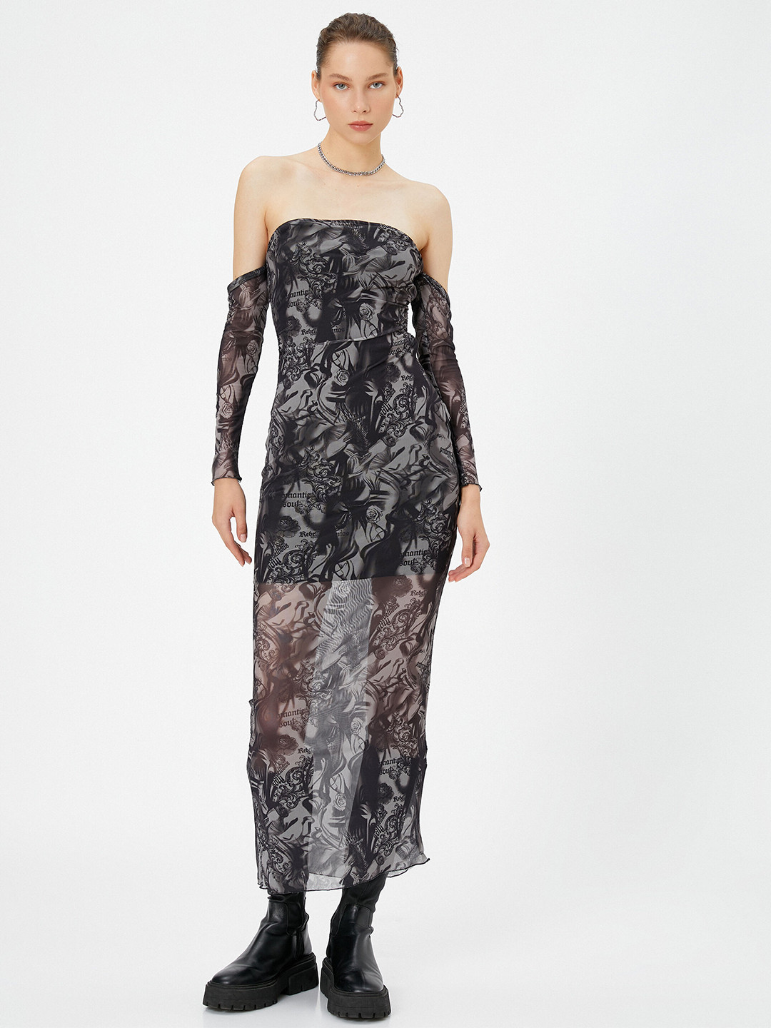 

Koton Floral Printed Off-Shoulder Maxi Dress, Black