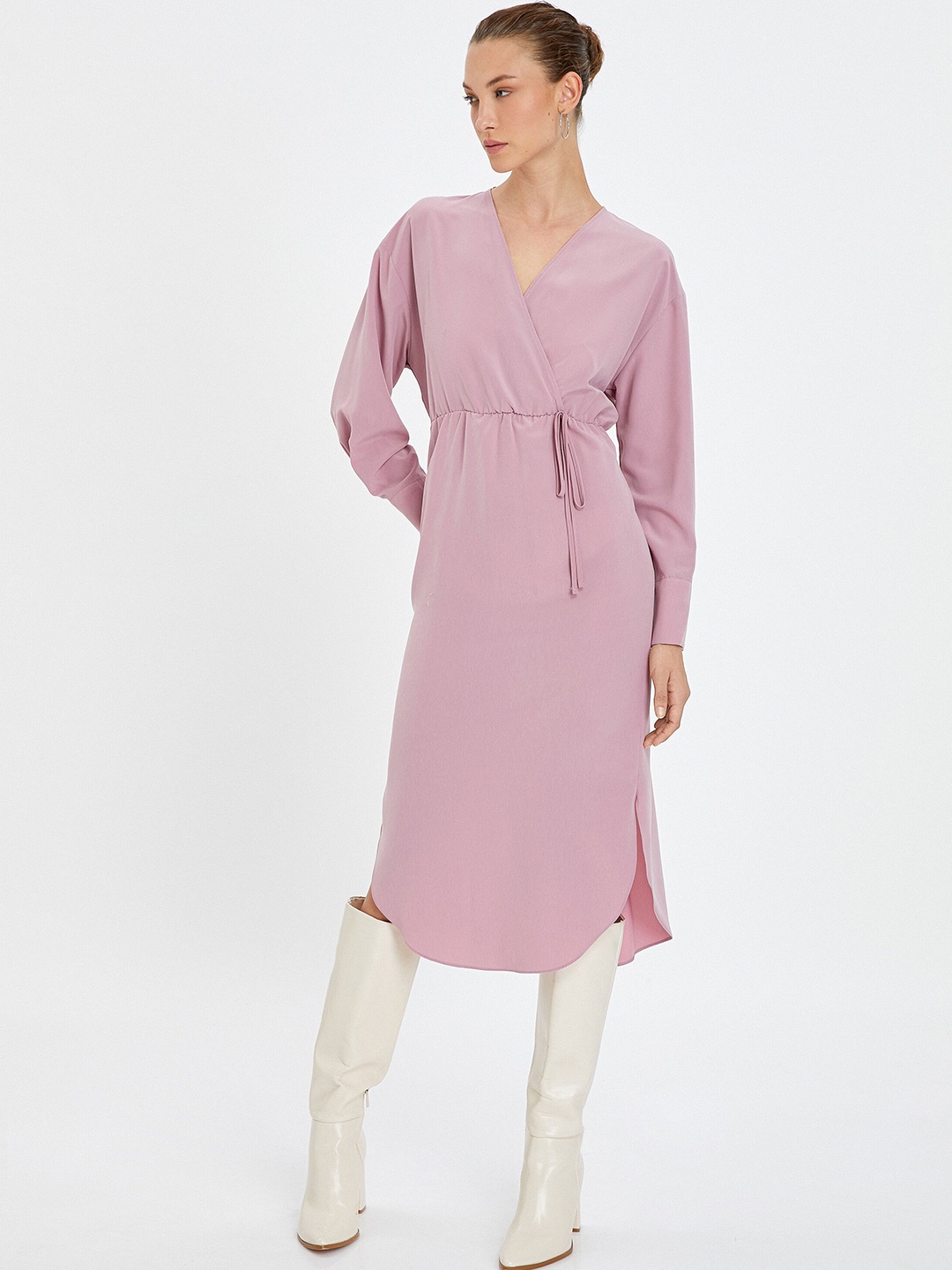 

Koton V-Neck Cuffed Sleeves A-Line Midi Dress, Pink