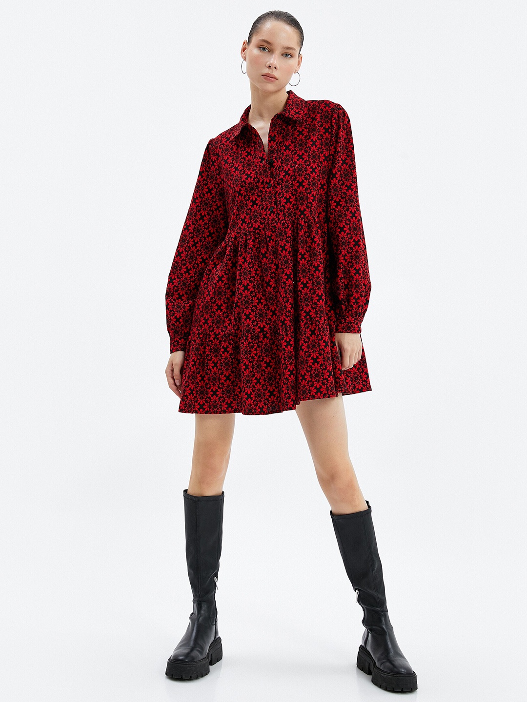 

Koton Floral Printed Shirt Collar Fit & Flare Mini Dress, Red