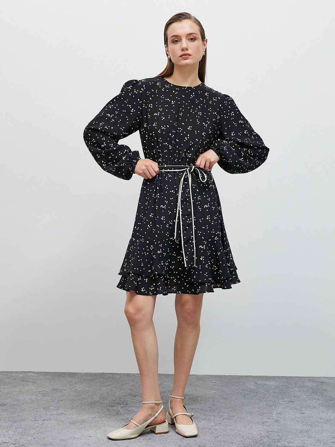 

Koton Polka Dot Printed Puff Sleeve Fit & Flare Above Knee Dress, Black