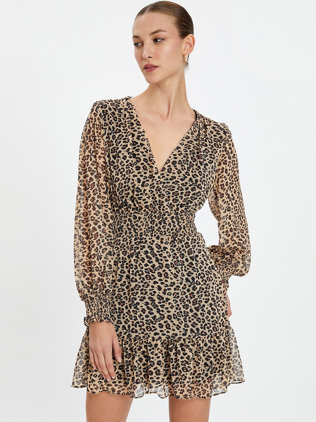 

Koton Animal Printed V-Neck Puff Sleeve Tiered A-Line Mini Dress, Beige