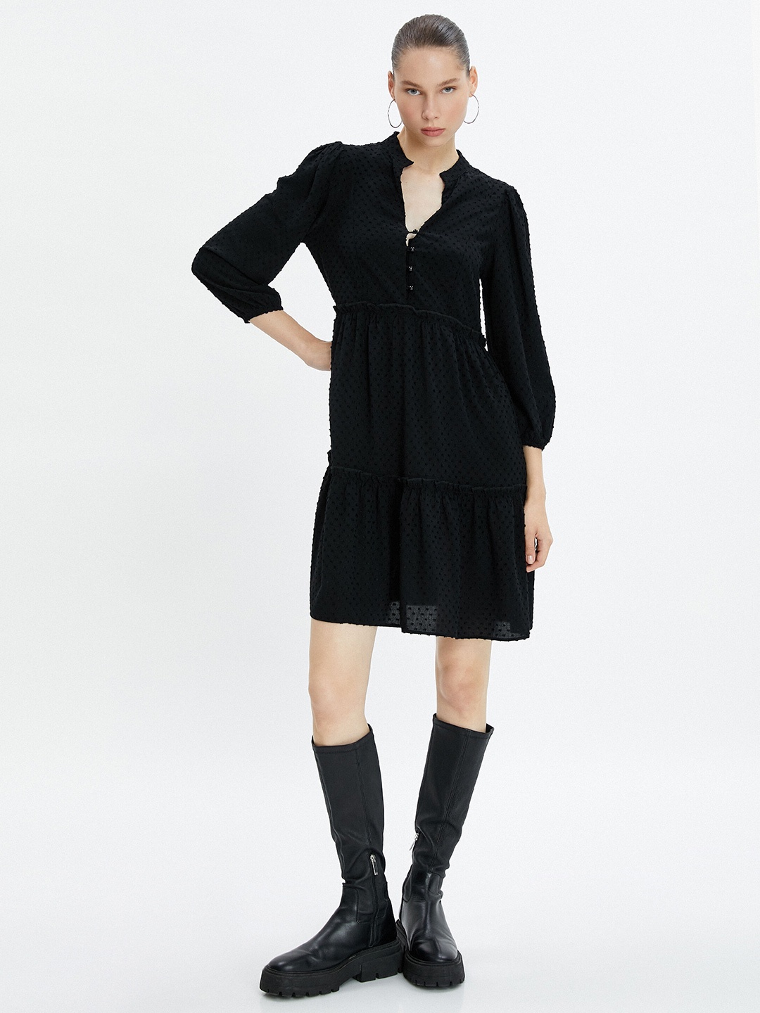 

Koton Self Design Mandarin Collar Puff Sleeve Tiered A-Line Above Knee Dress, Black