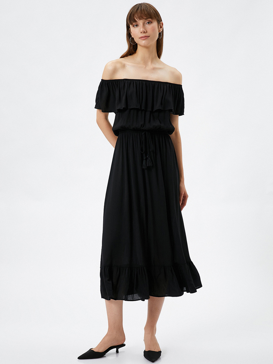 

Koton Off Shoulder A Line Midi Dress, Black