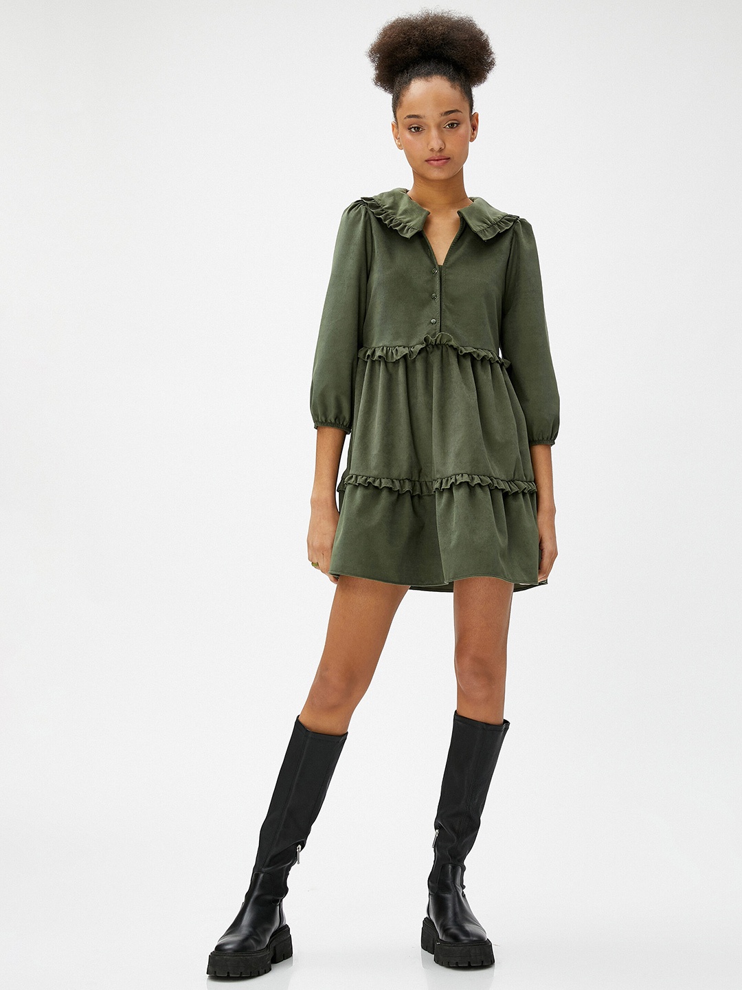 

Koton Shirt Collar Tiered A Line Dress, Green