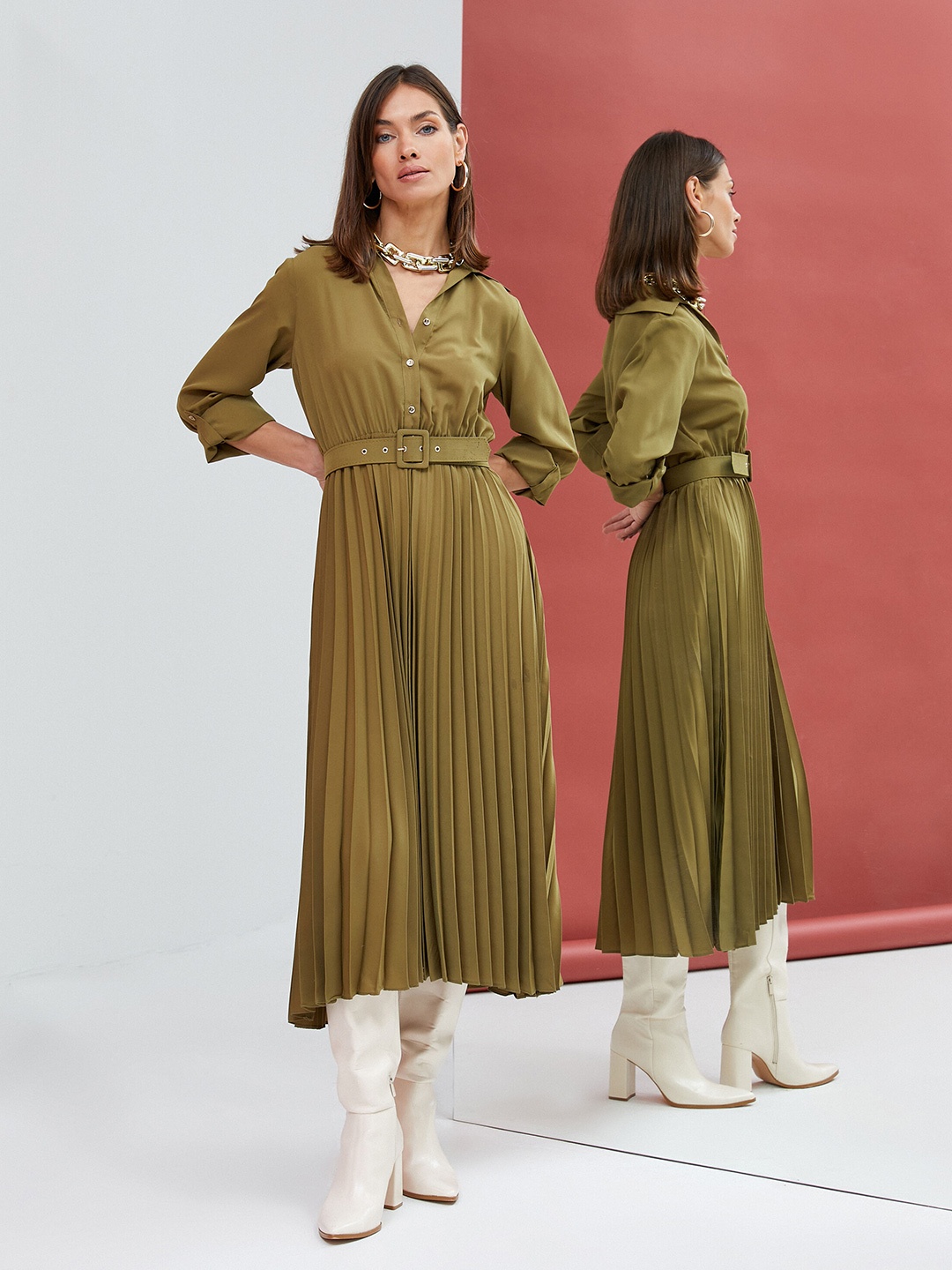 

Koton Accordion Pleats Belted A Line Midi Dress, Green