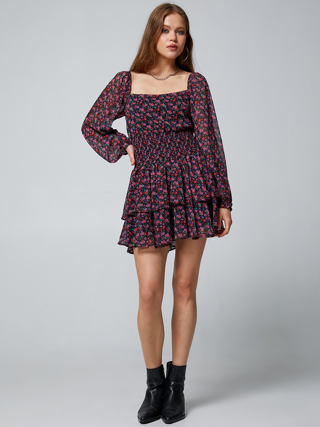 

Koton Floral Printed Smocked Puff Sleeve Fit & Flare Mini Dress, Black