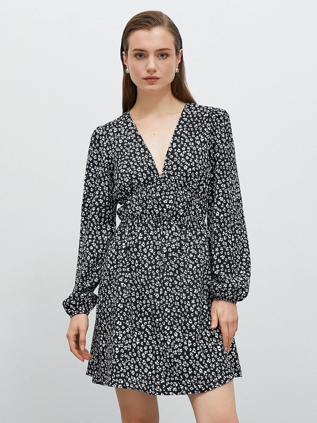 

Koton Floral Printed Puff Sleeve Fit & Flare Dress, Black