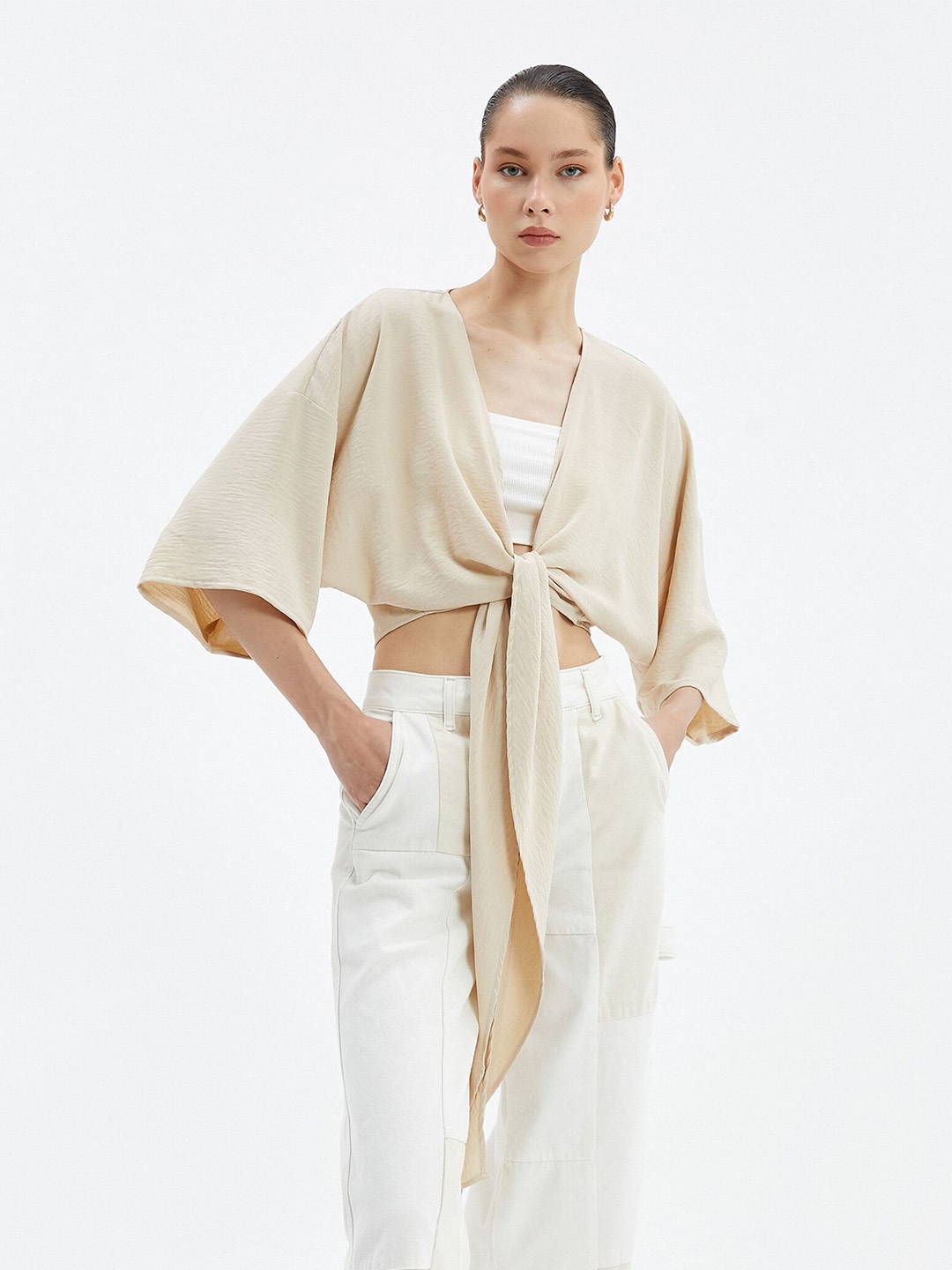 

Koton V-Neck Kimono Sleeves Blouson Crop Top, Beige