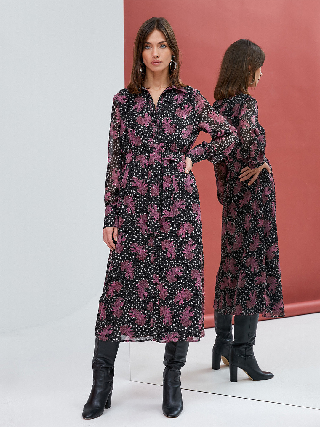 

Koton Floral Print Shirt Midi Dress, Black
