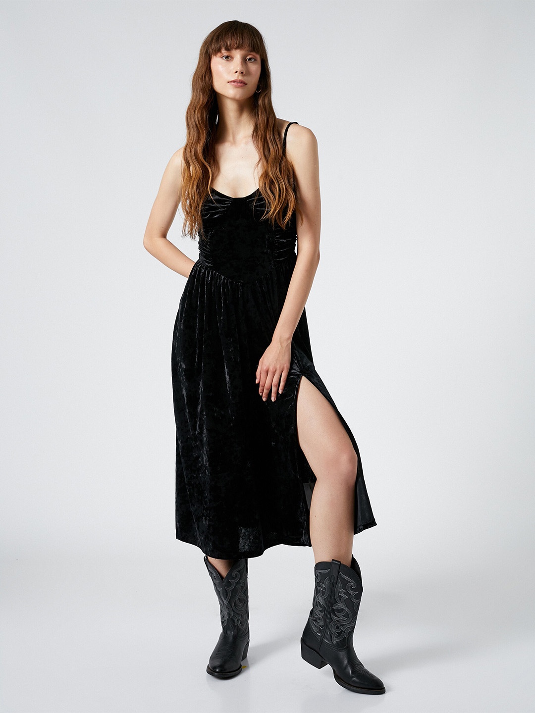 

Koton Shoulder Straps Silt Fit & Flare Midi Dress, Black