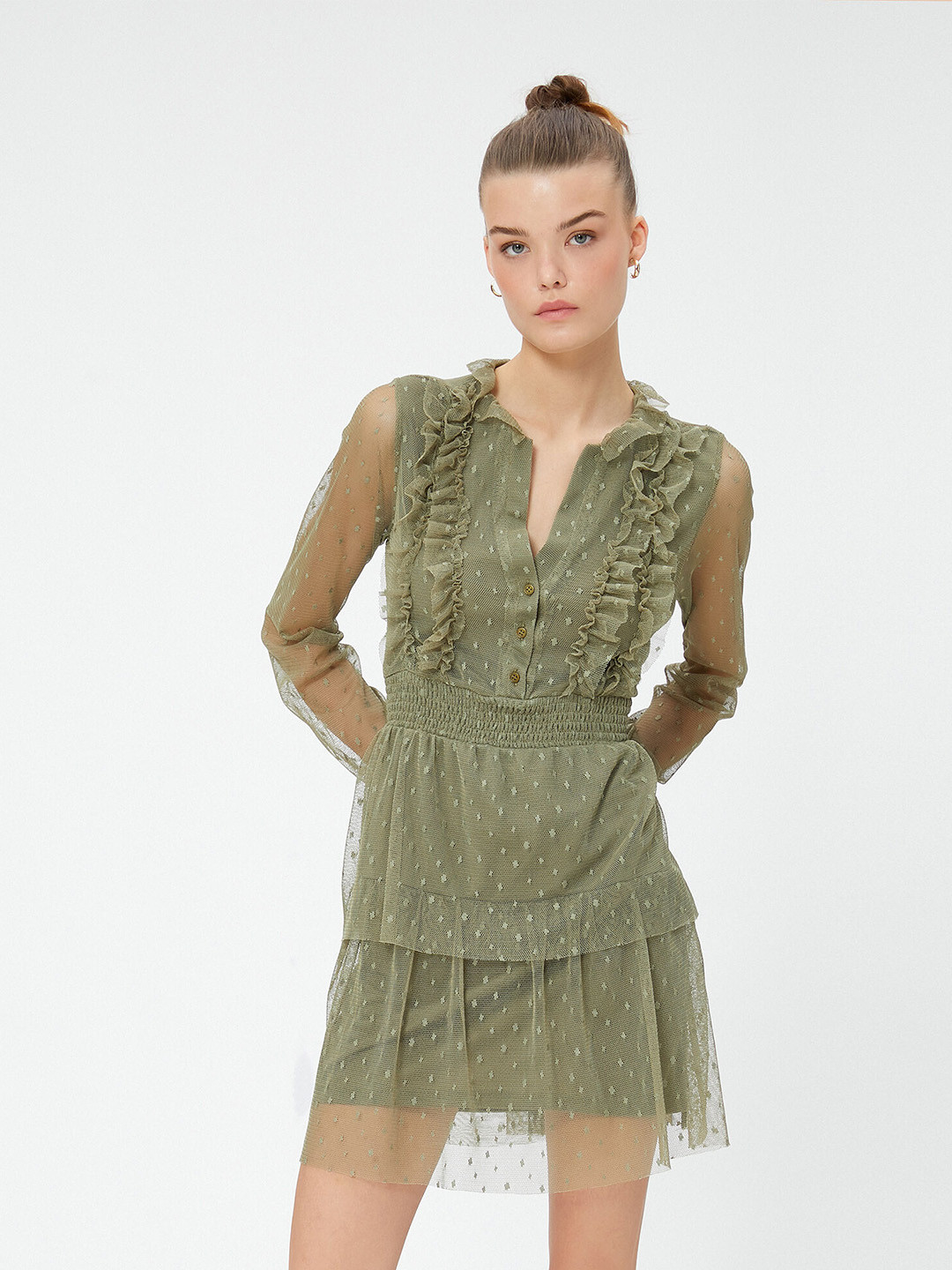 

Koton Self Design Ruffled A-Line Dress, Olive