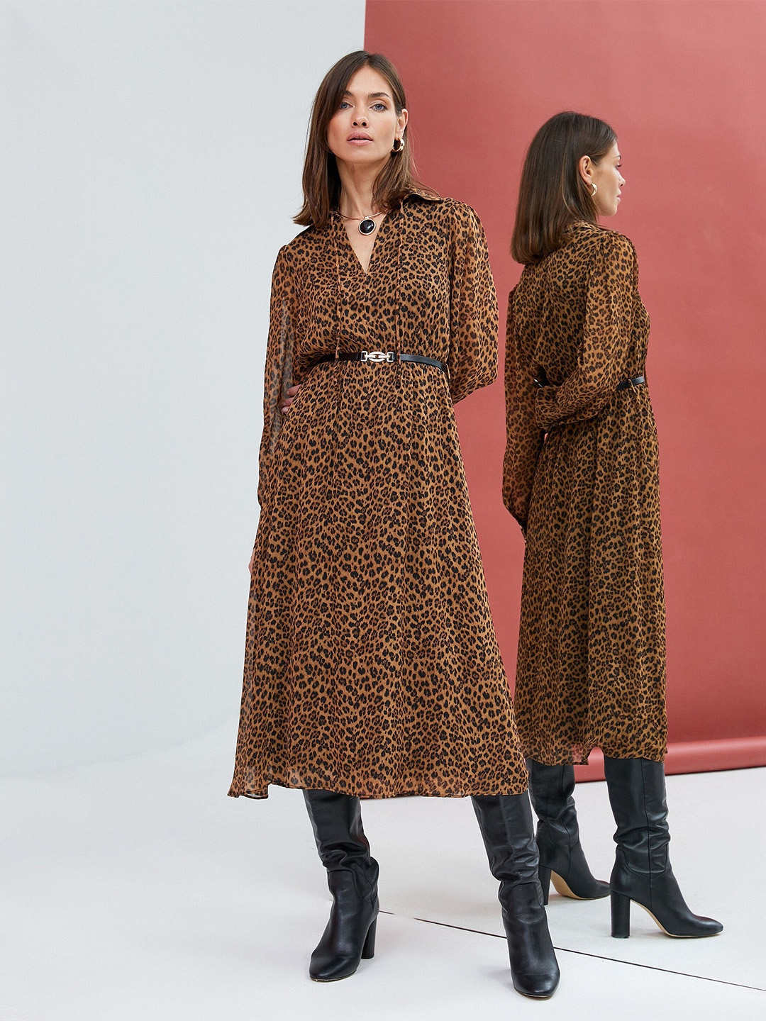 

Koton Animal Printed Tie-Up Neck Puff Sleeve A-Line Midi Dress, Beige